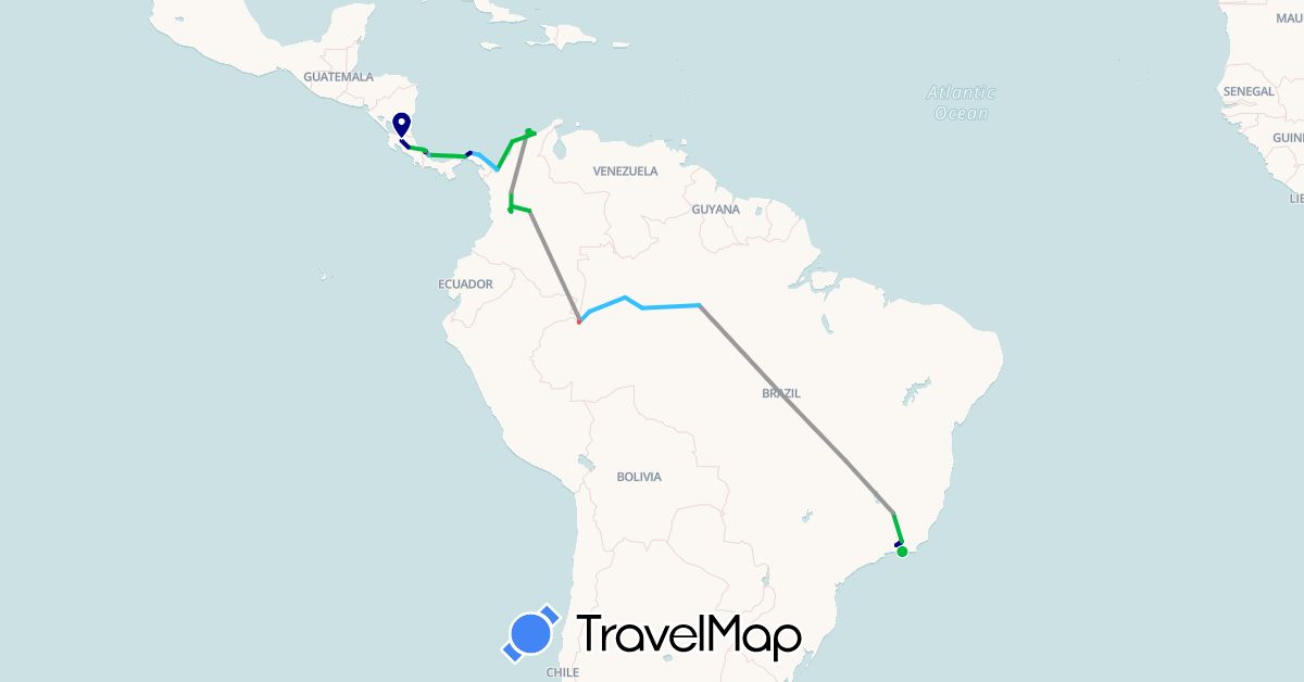 TravelMap itinerary: driving, bus, plane, hiking, boat in Brazil, Colombia, Costa Rica, Panama (North America, South America)